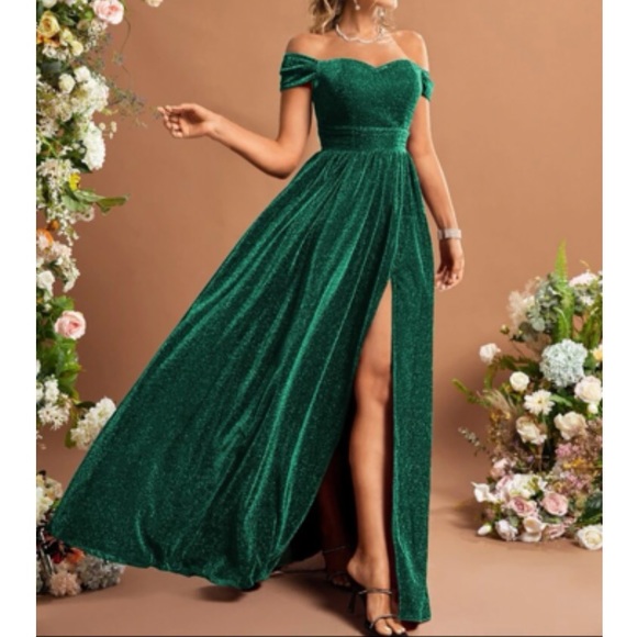 Luxe off shoulder slit thigh holidays party glitter dress - Picture 1 of 6